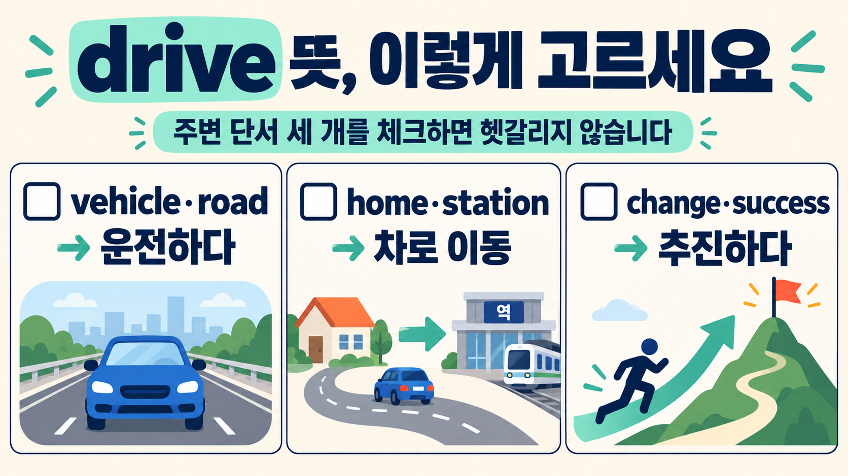 drive와 ride carry의 차이와 학습 체크리스트 정보카드