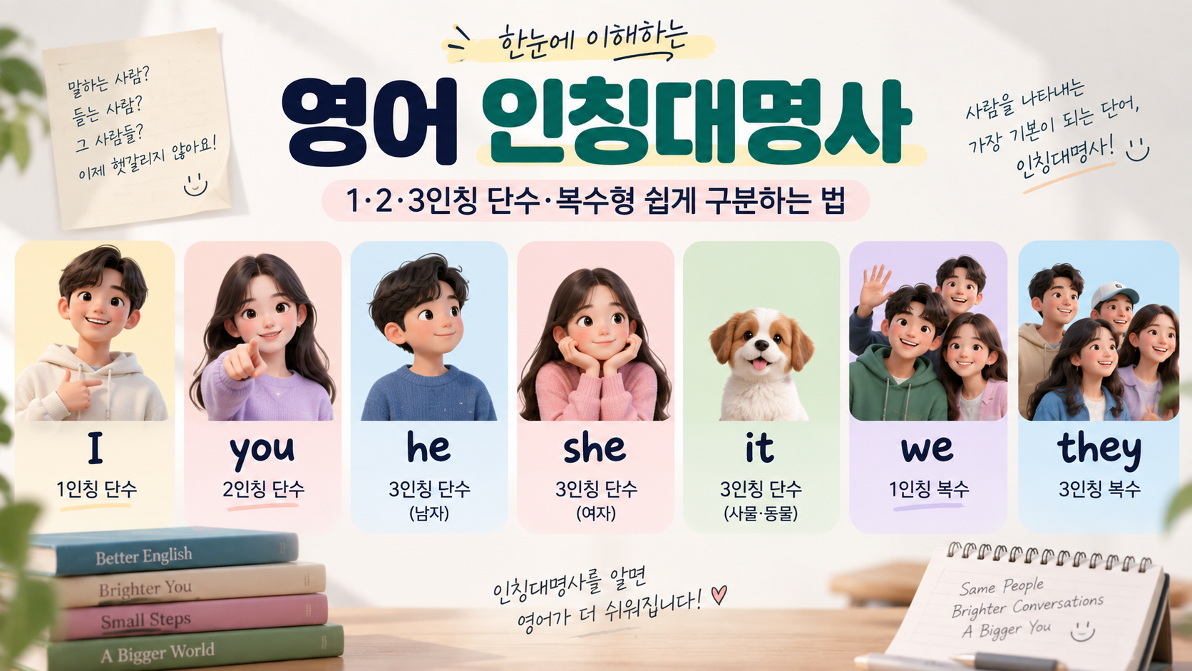 영어 인칭대명사의 단수와 복수형을 정리한 한국어 정보카드