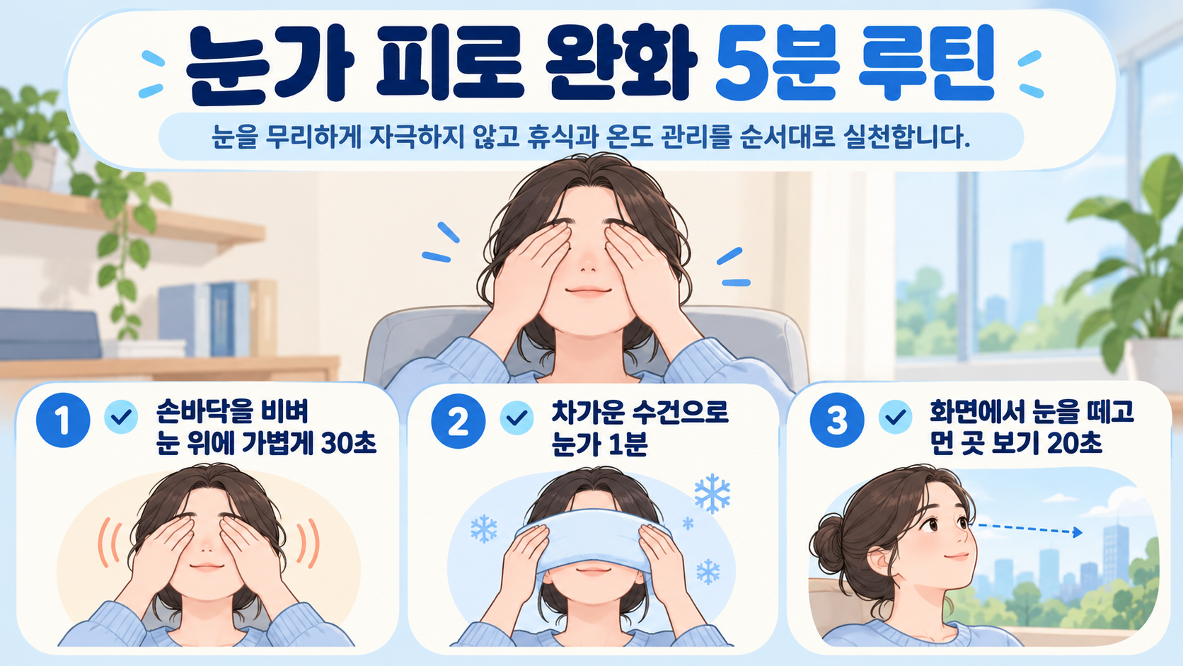 눈 피로 완화 순서를 보여 주는 카드