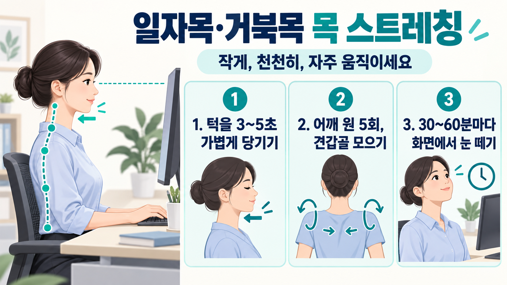 일자목과 거북목 완화를 위한 목 스트레칭 핵심 요약 정보카드