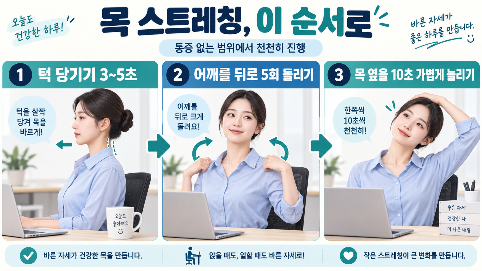 턱 당기기와 목 가동성 운동 순서를 보여주는 정보카드