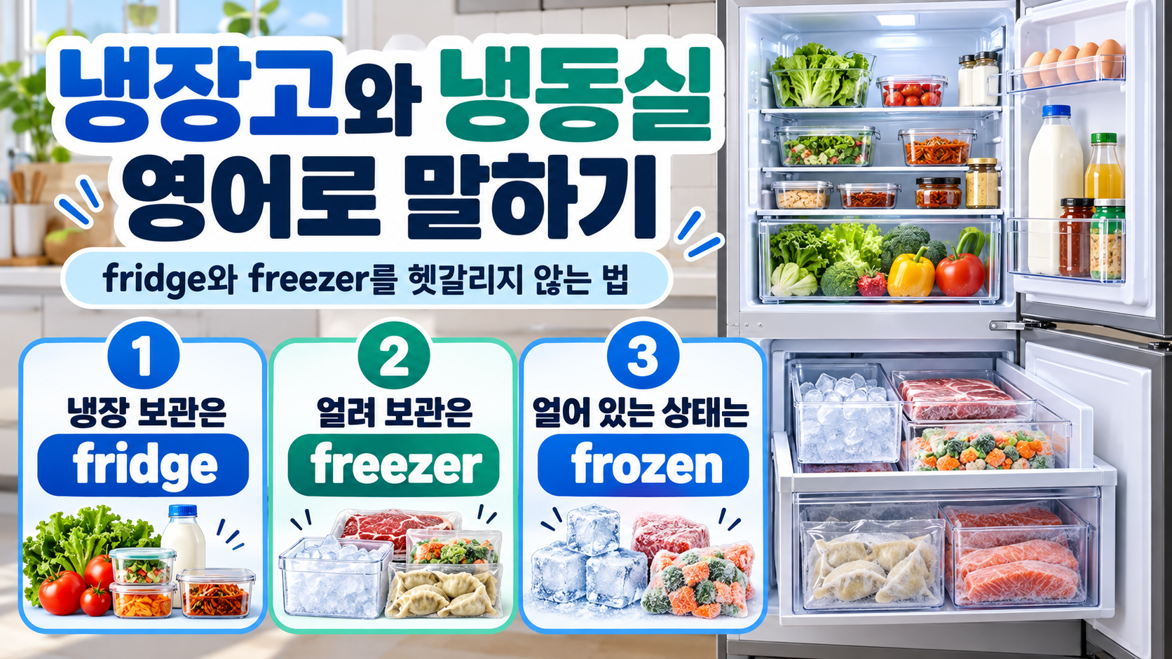 냉장고와 냉동실 영어 표현을 비교한 정보 카드