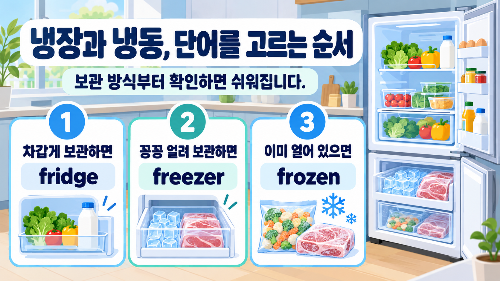 fridge와 freezer를 구분하는 생활영어 순서 카드