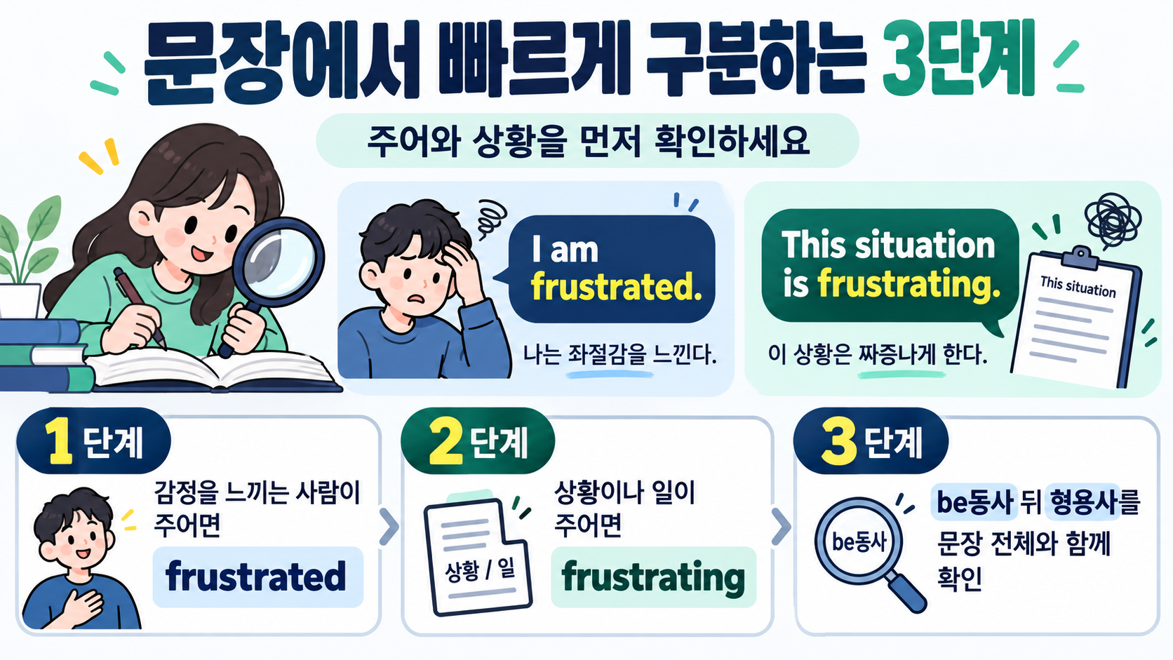 감정형용사와 원인형용사를 구분하는 세 단계 정보 카드