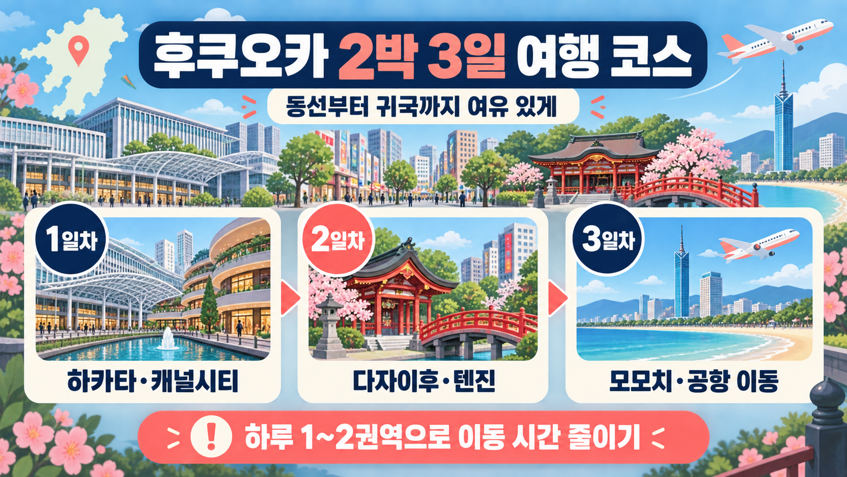 후쿠오카 2박 3일 여행 동선 핵심 정보를 정리한 카드