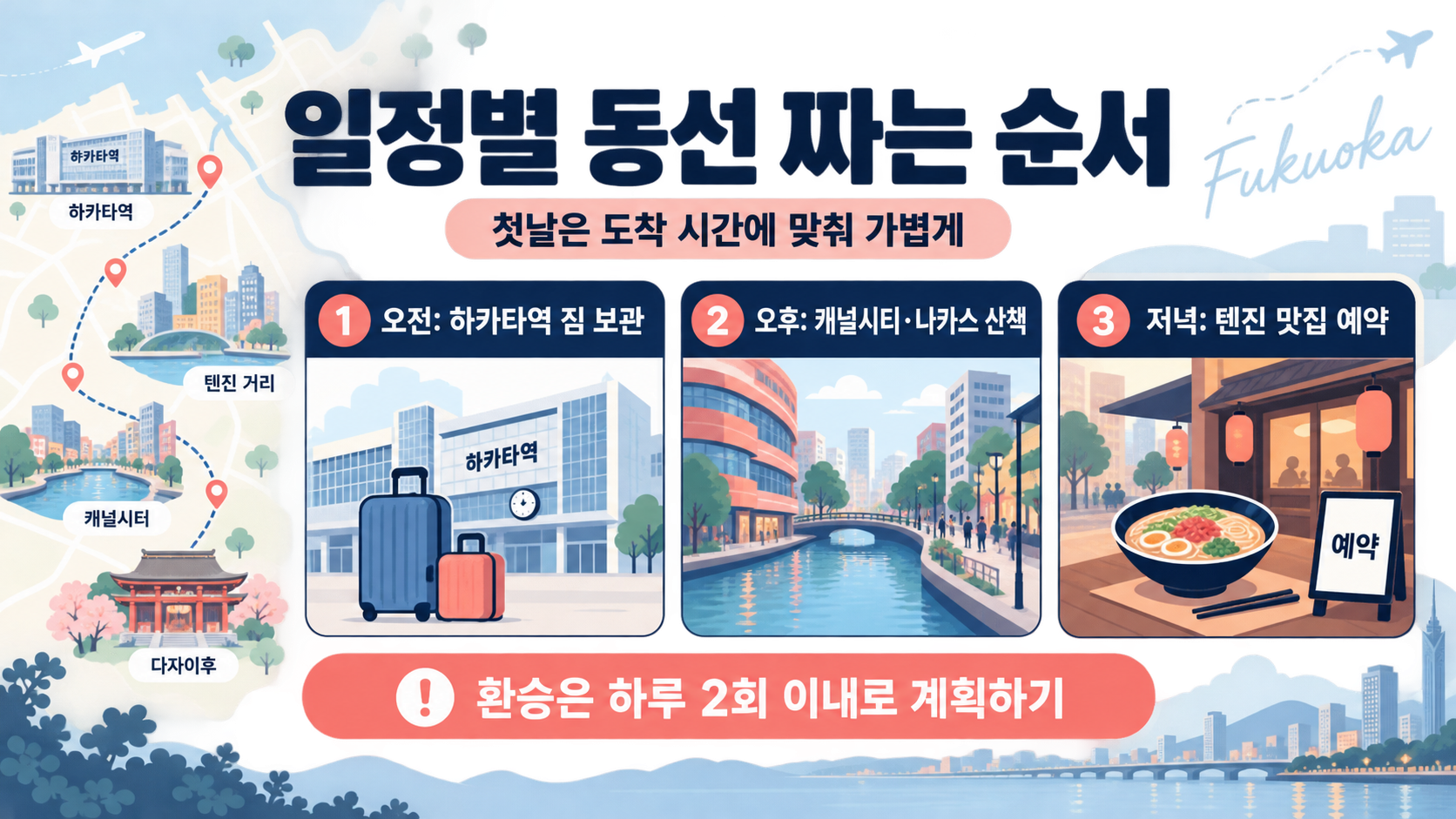 후쿠오카 2박 3일 날짜별 추천 동선을 보여주는 카드