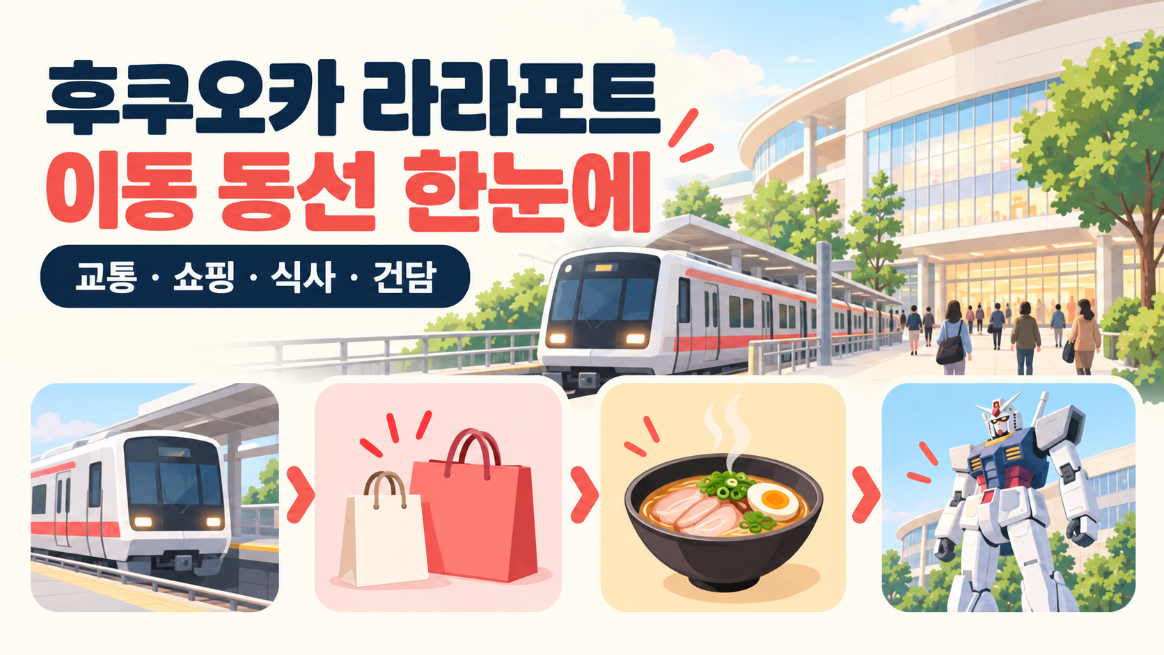 후쿠오카 라라포트 방문 전 이동과 쇼핑 동선을 정리한 한국어 정보 카드