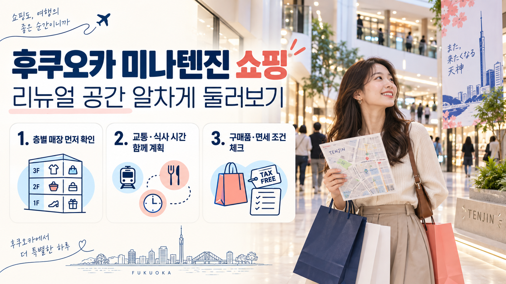 후쿠오카 텐진의 리뉴얼 쇼핑 공간 앞을 걷는 여행자