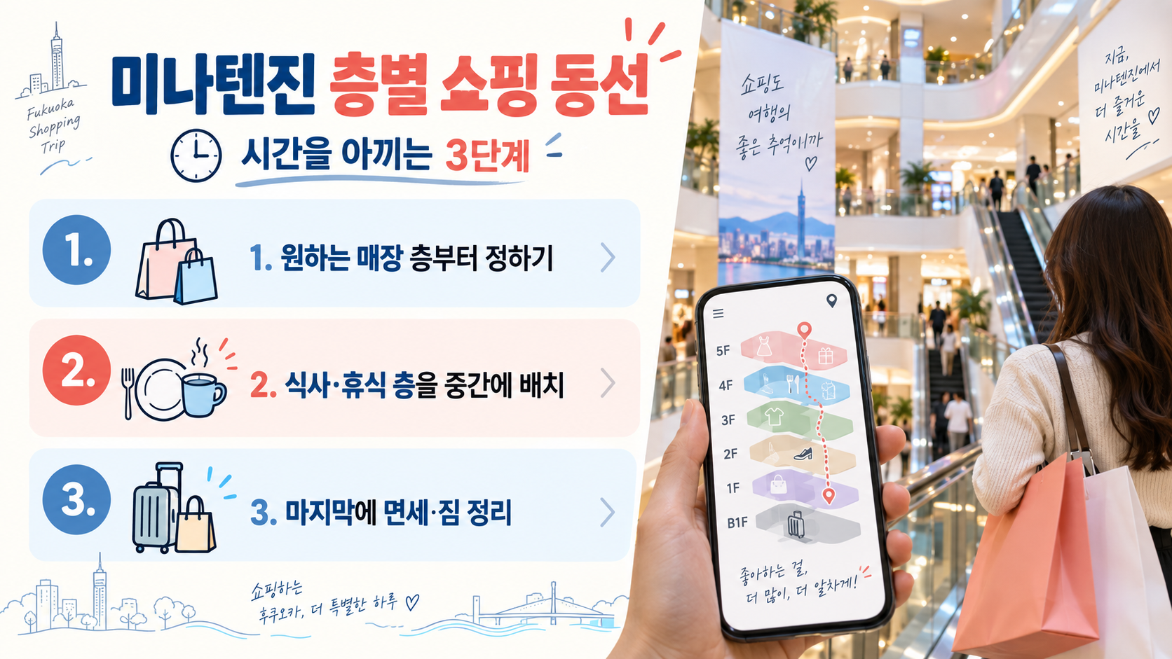 미나텐진 쇼핑 일정을 오전부터 저녁까지 정리한 한국어 정보카드
