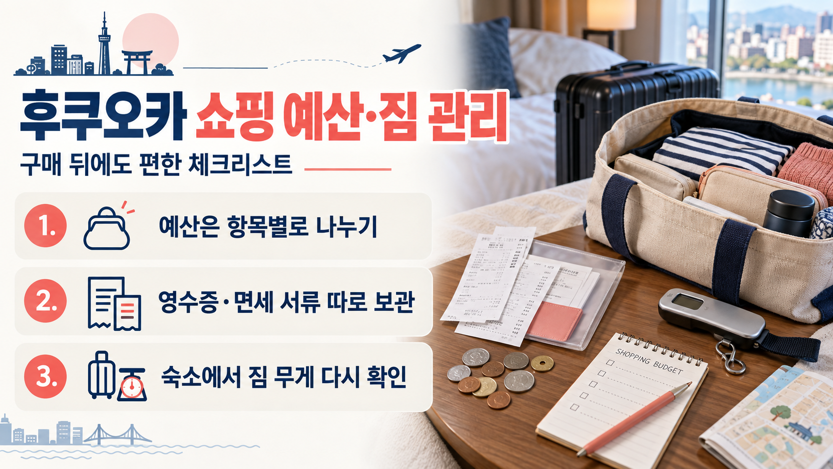 후쿠오카 미나텐진 쇼핑 전 확인할 짐과 결제 체크리스트 정보카드