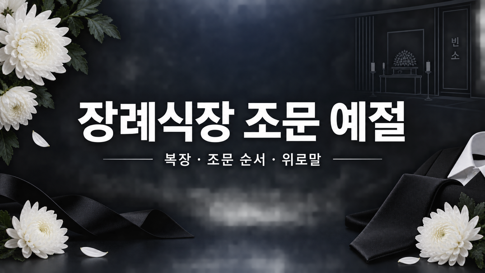 검은색 정장과 흰 국화로 구성한 장례식장 조문 예절 안내 카드