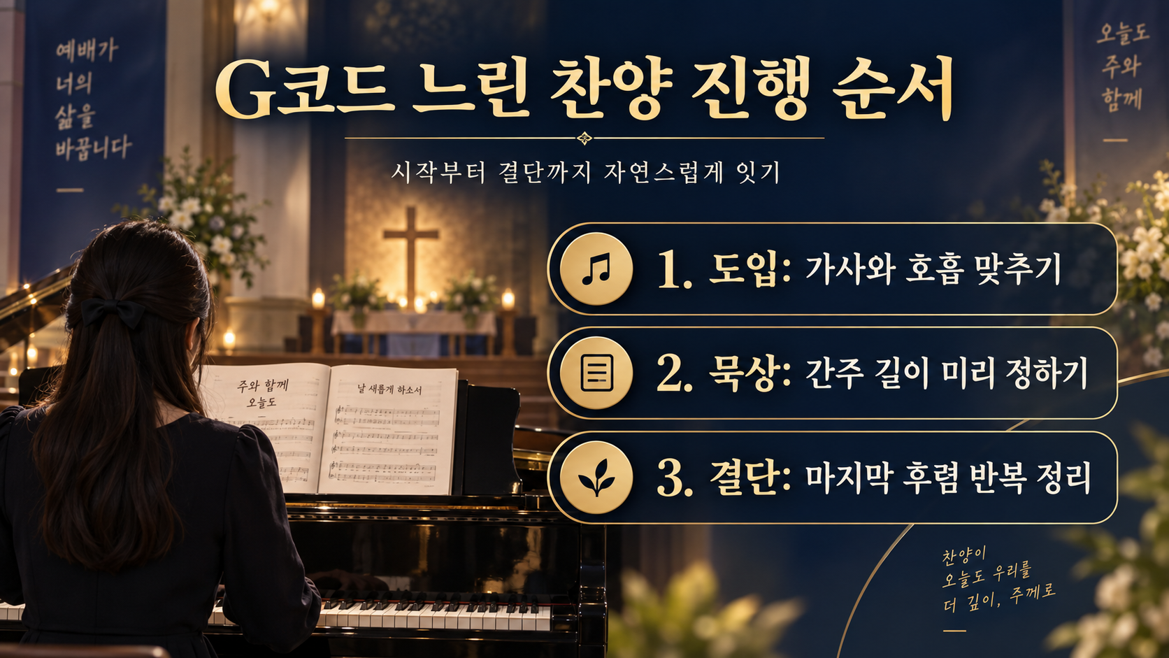 예배 흐름에 따른 G코드 느린 찬양 배치 순서를 설명한 정보 카드
