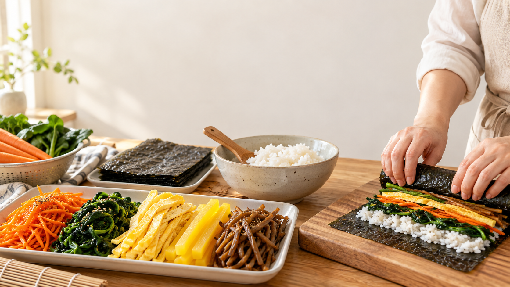 김밥 재료 손질부터 밥 펴기와 말기까지를 보여주는 순서 안내 이미지