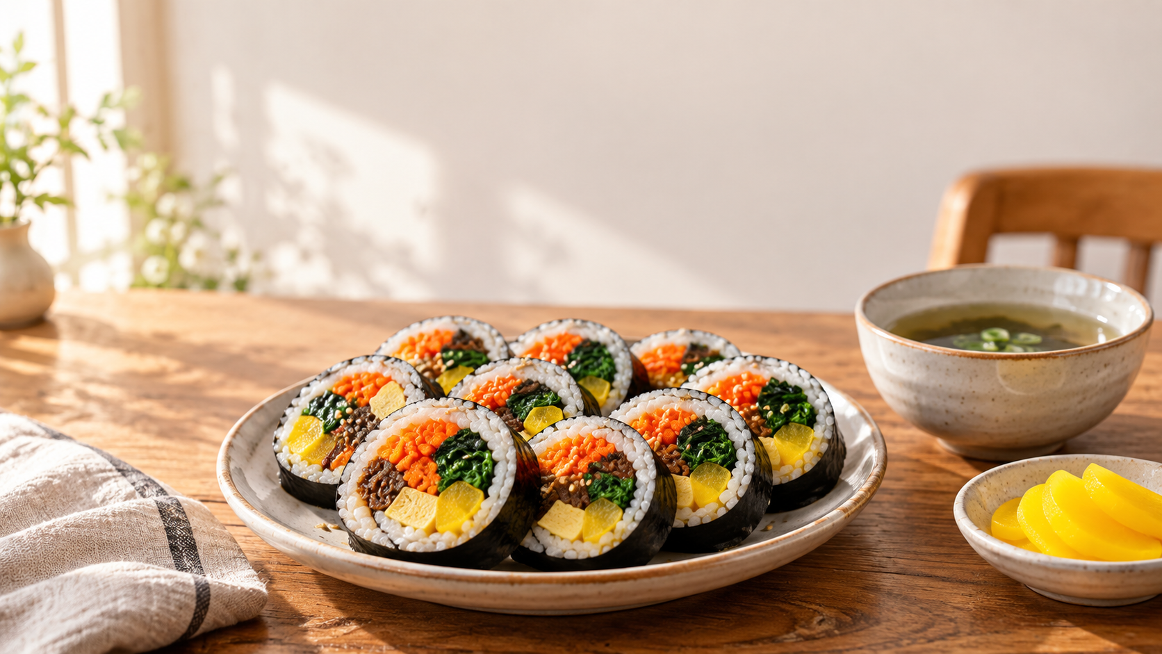 김밥 속재료 단면과 곁들임 국을 담은 집밥 상차림