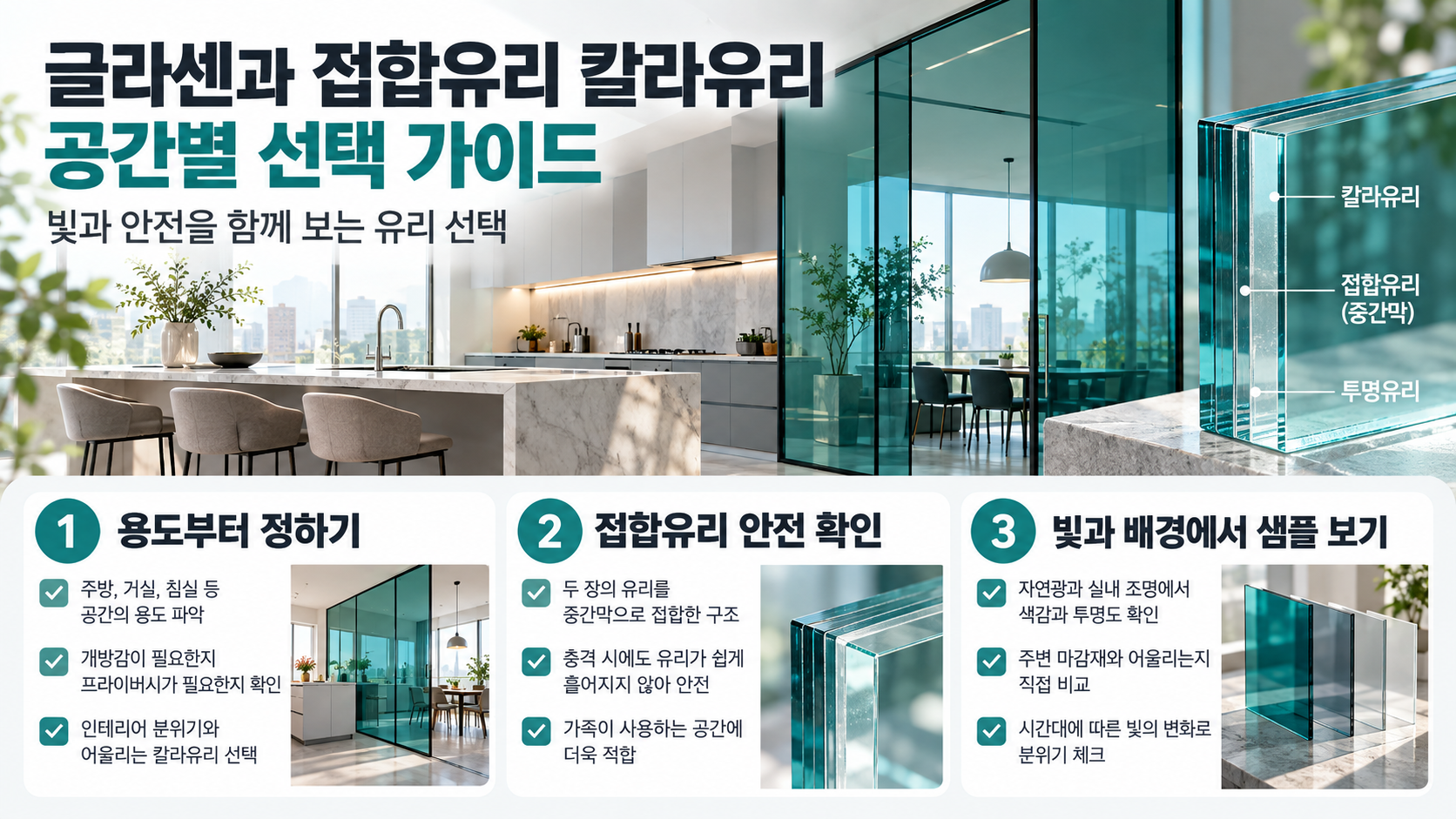 글라센과 접합유리 칼라유리 선택 기준을 정리한 정보카드