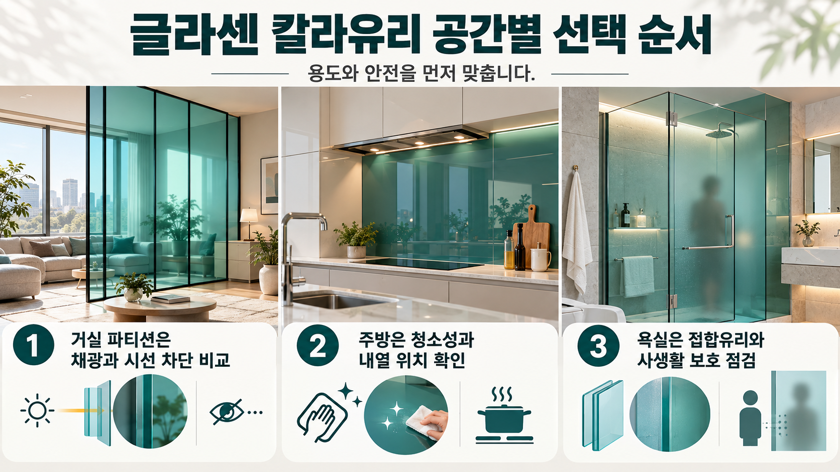 유리 종류와 시공 순서를 보여주는 정보카드