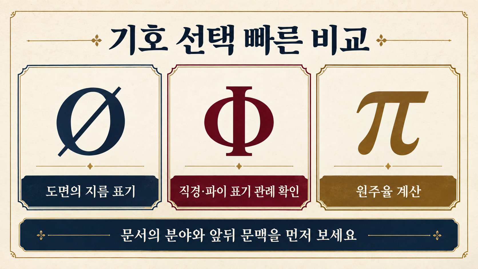 Ø, Φ, π의 문서별 쓰임을 비교한 정보카드