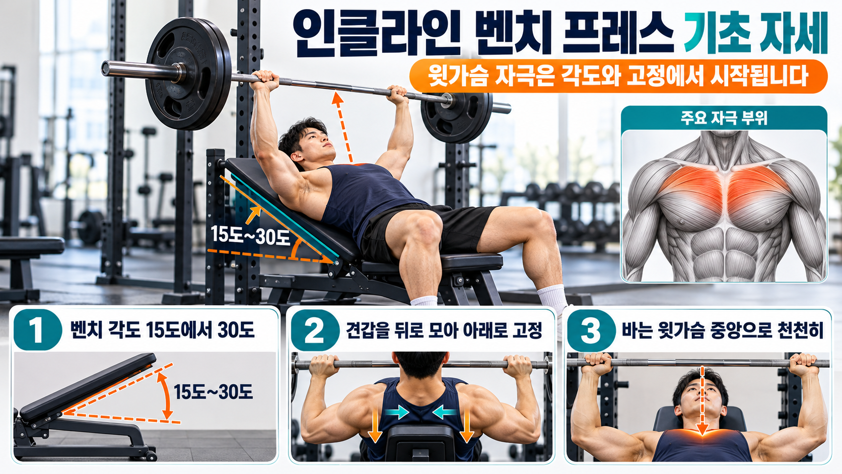 인클라인 벤치 프레스 기본 자세 정보카드