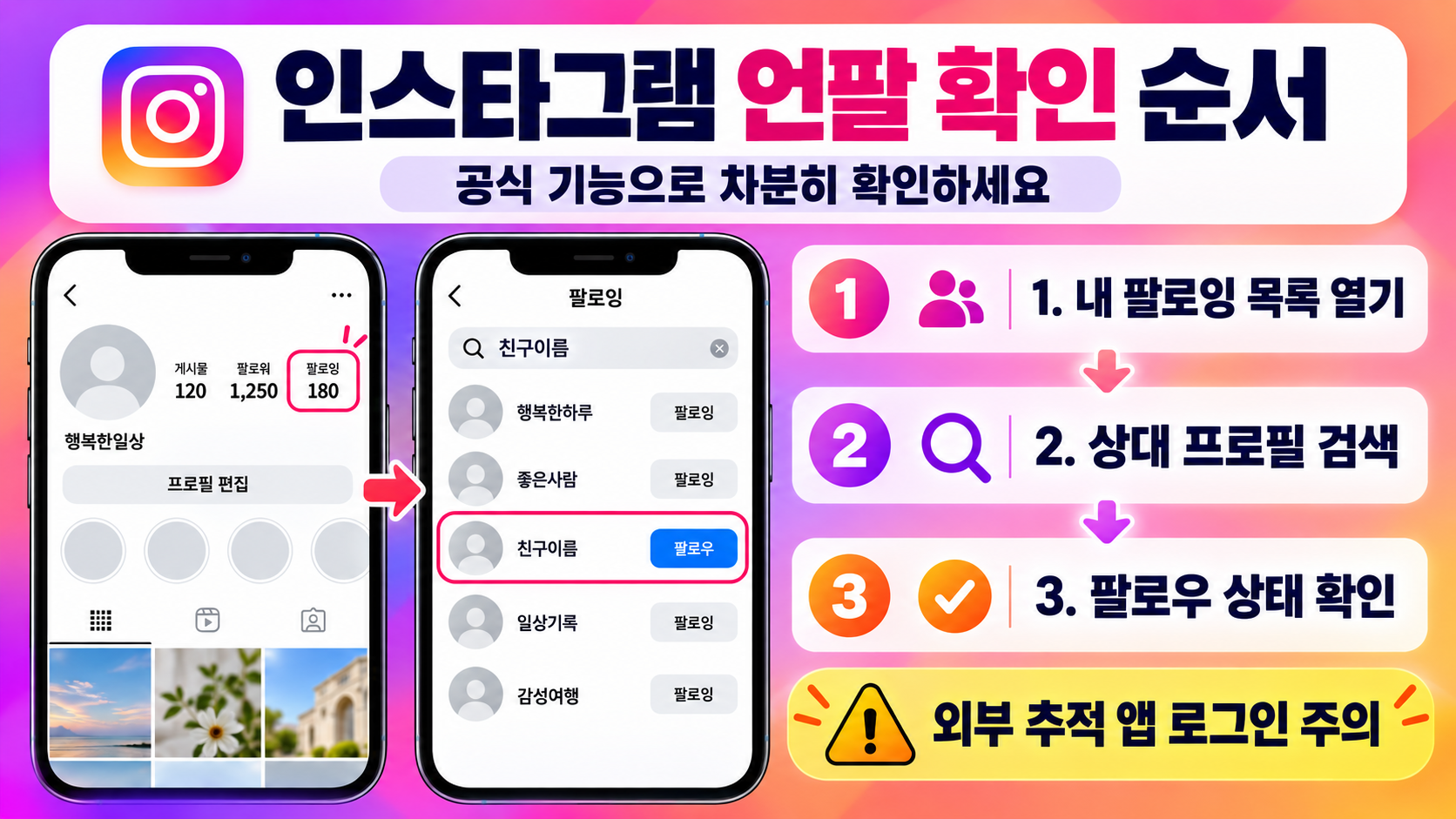 앱 없이 인스타 언팔을 확인하는 순서를 보여주는 정보카드