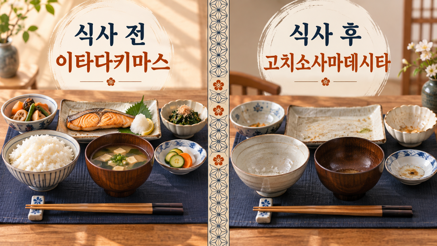 일본어 식사 전후 인사 이타다키마스와 고치소사마데시타를 소개하는 정보 카드