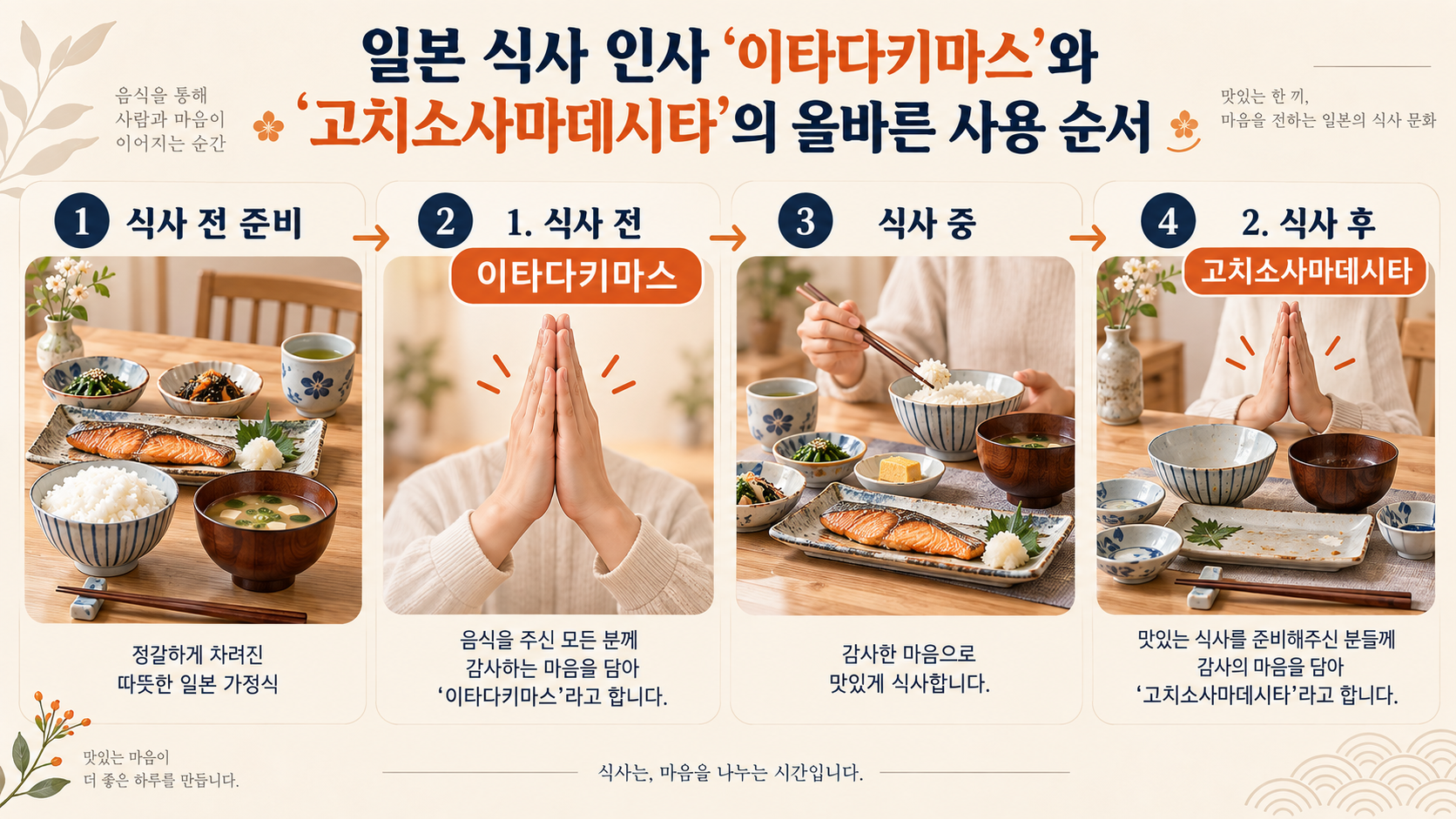 식사 전 이타다키마스부터 식사 후 고치소사마데시타까지의 사용 순서를 보여 주는 타임라인