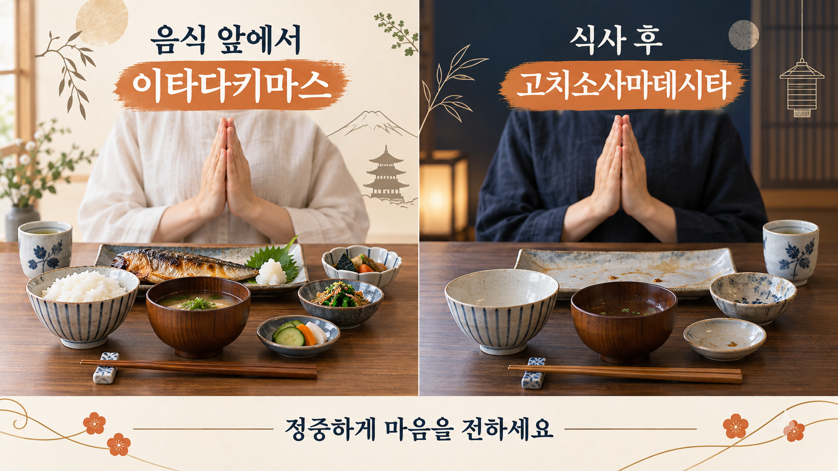 일본 식당에서 식사 인사를 사용하는 여행자의 모습