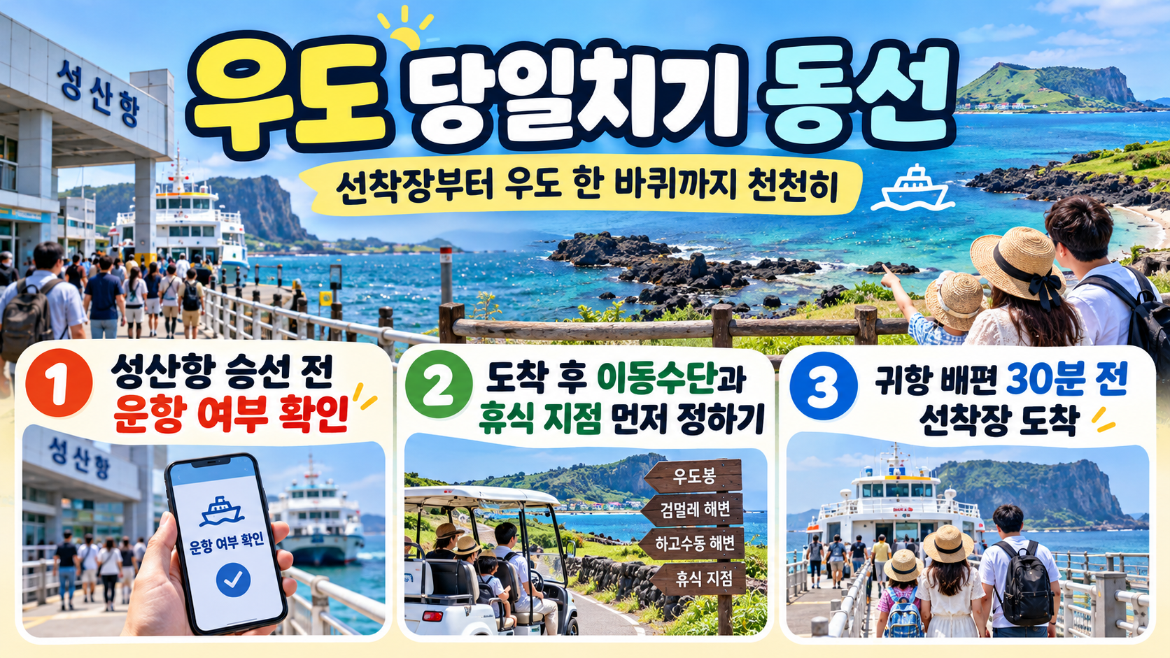 우도 당일치기 배편부터 관람까지 순서 안내 카드