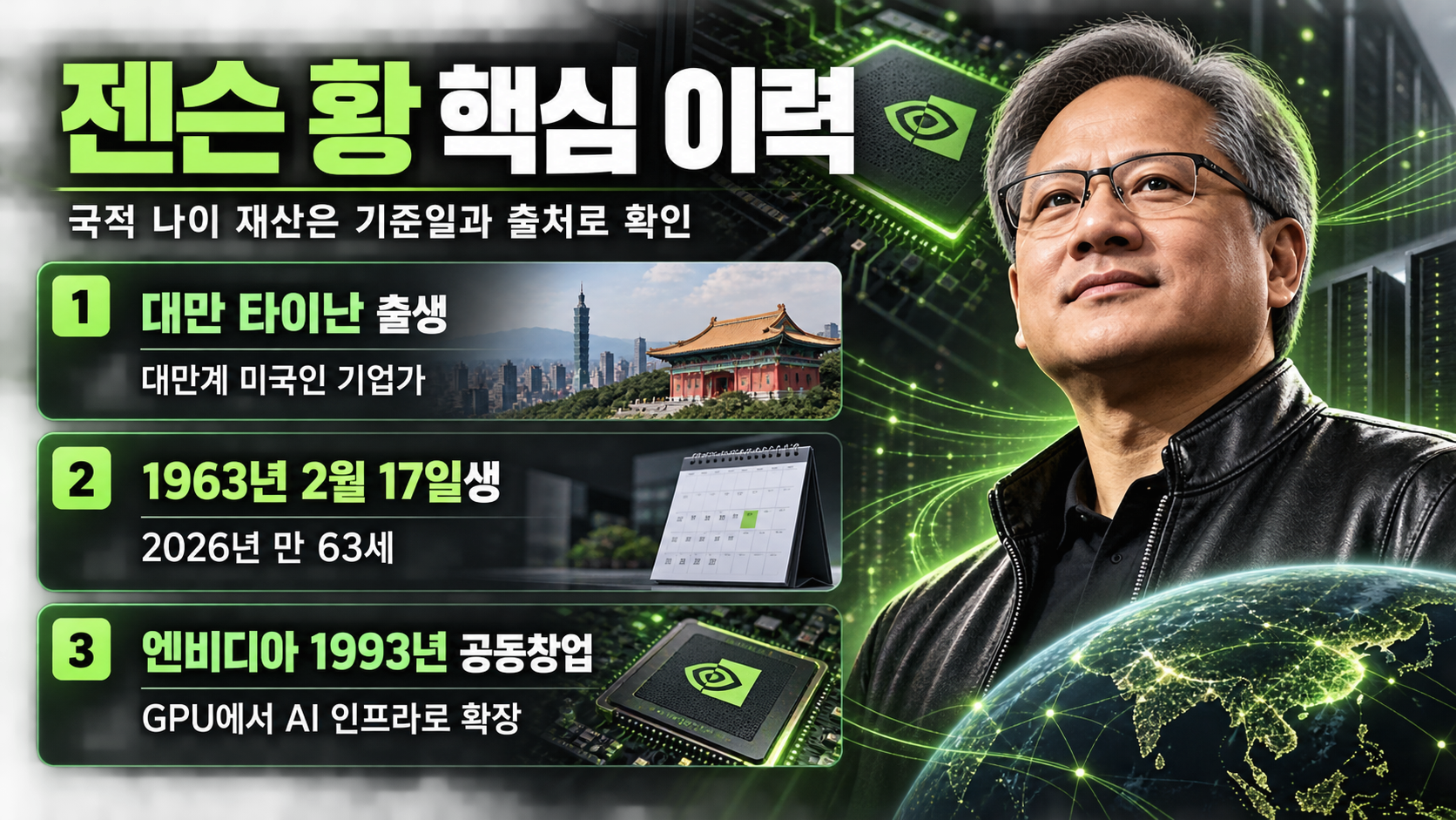 젠슨 황과 엔비디아 핵심 이력을 정리한 정보카드