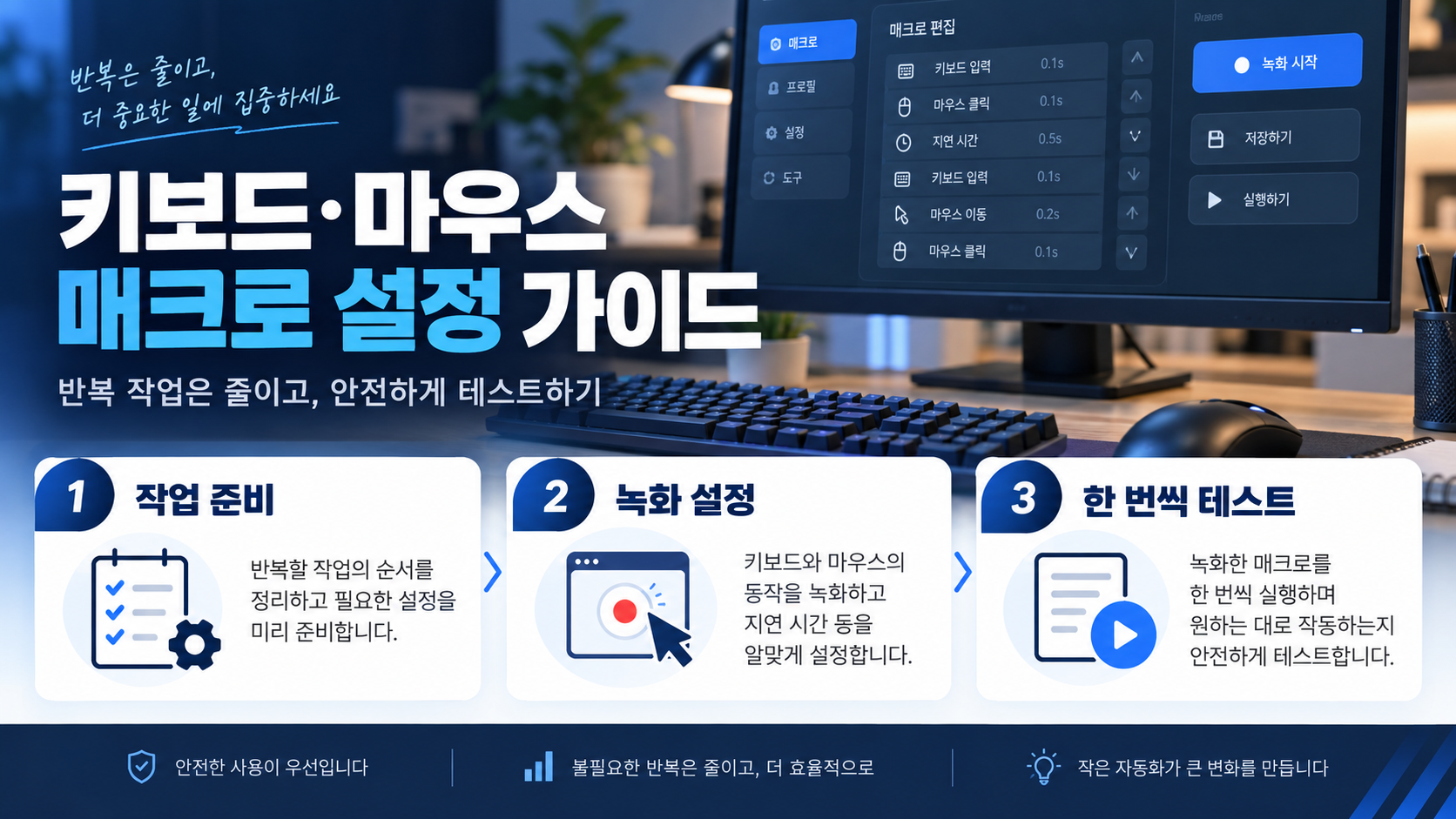 노트북 앞에서 키보드와 마우스 자동화 설정을 확인하는 한국인 직장인
