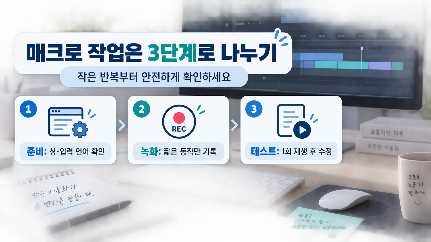 키보드 마우스 매크로를 준비하고 녹화한 뒤 테스트하는 3단계 흐름
