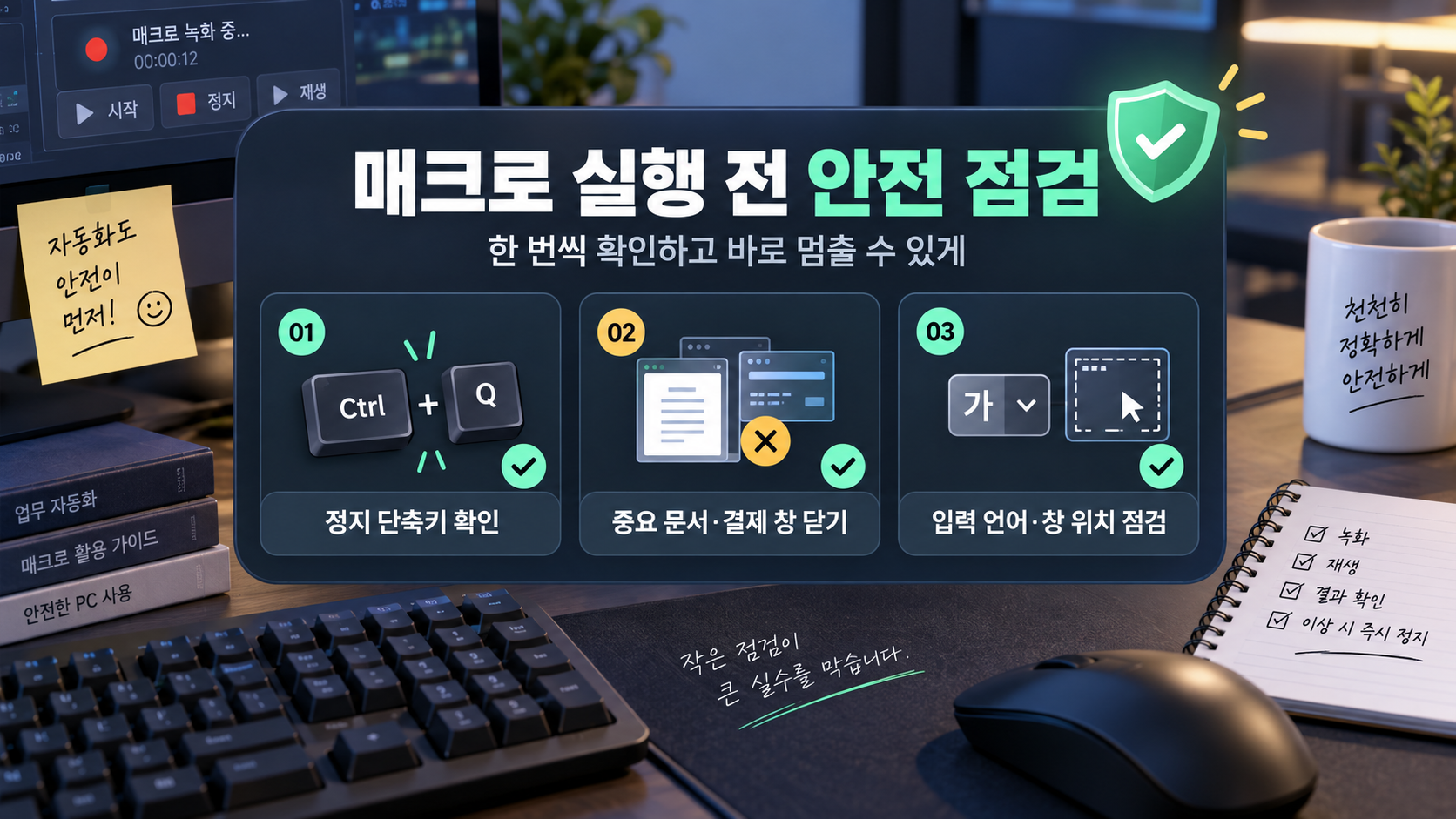 매크로 실행 전 단축키와 작업 환경을 점검하는 데스크톱 화면