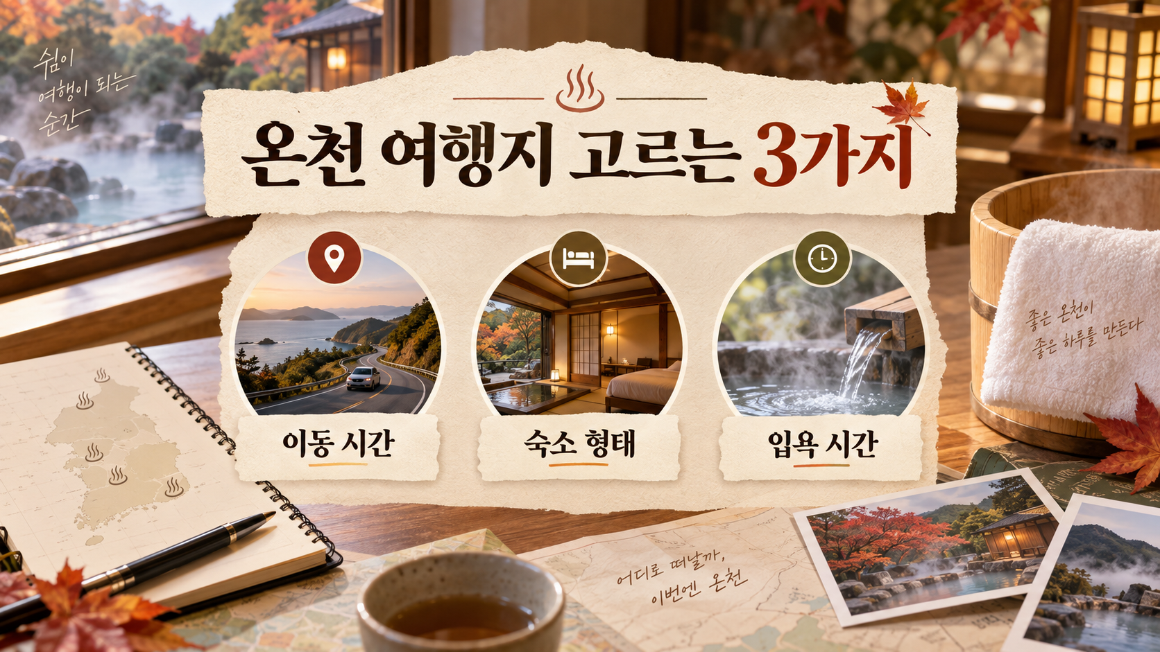 온천 여행 준비물과 이동 동선을 정리한 따뜻한 분위기의 여행 정보 이미지