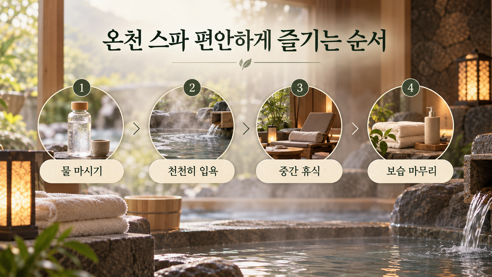 따뜻한 차와 수건이 놓인 고급스러운 온천 휴식 공간