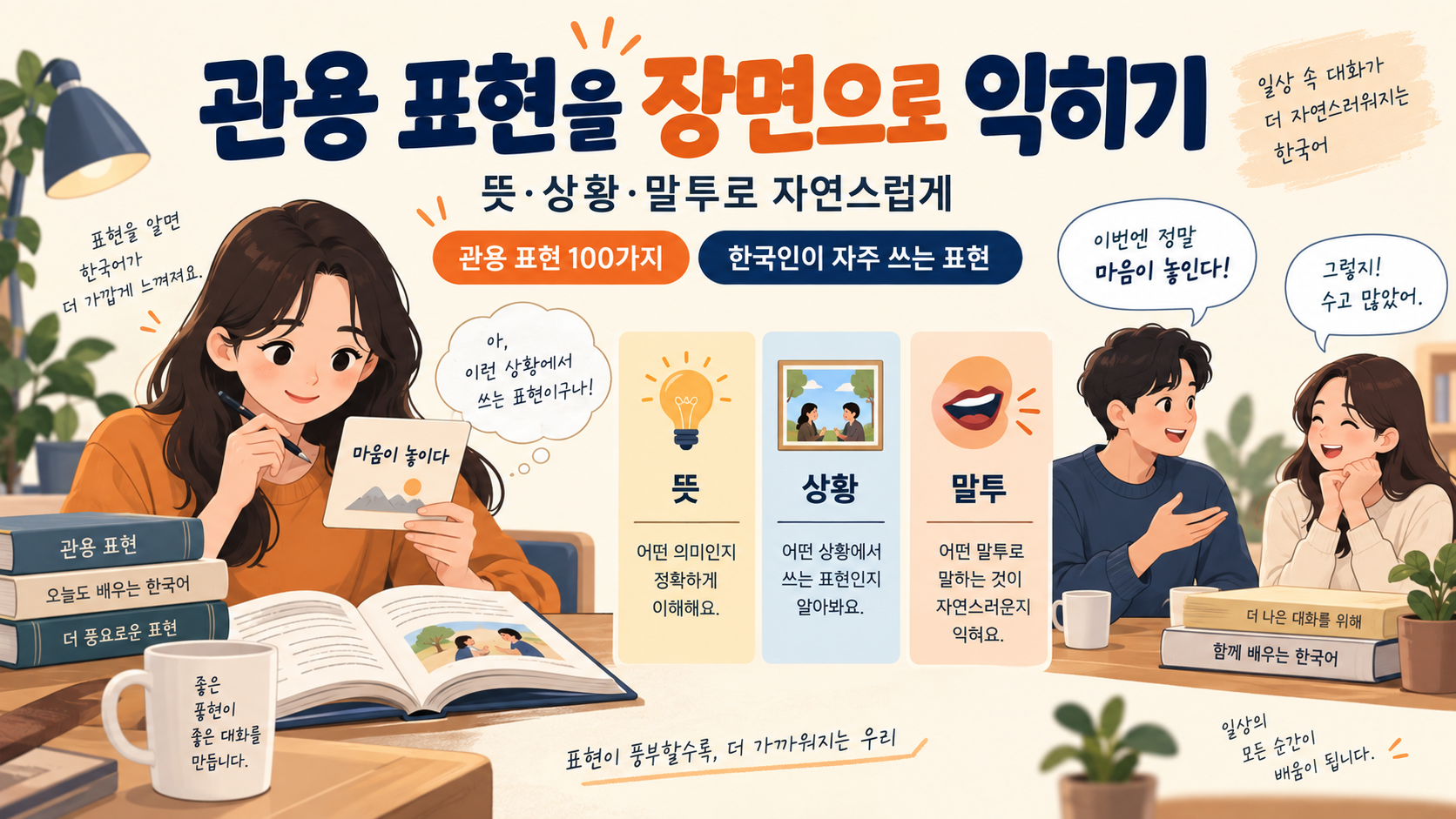 뜻이 비슷한 관용 표현을 장면과 쓰임으로 비교하는 한국형 정보카드