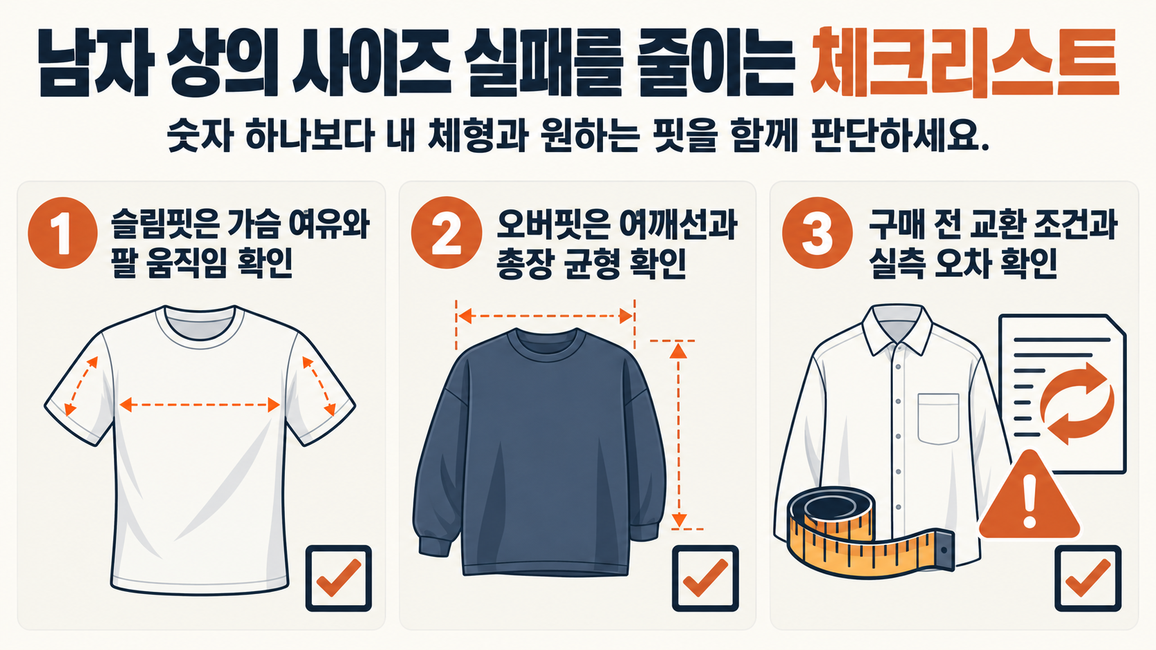 티셔츠 셔츠 맨투맨의 사이즈 선택 기준 정보카드