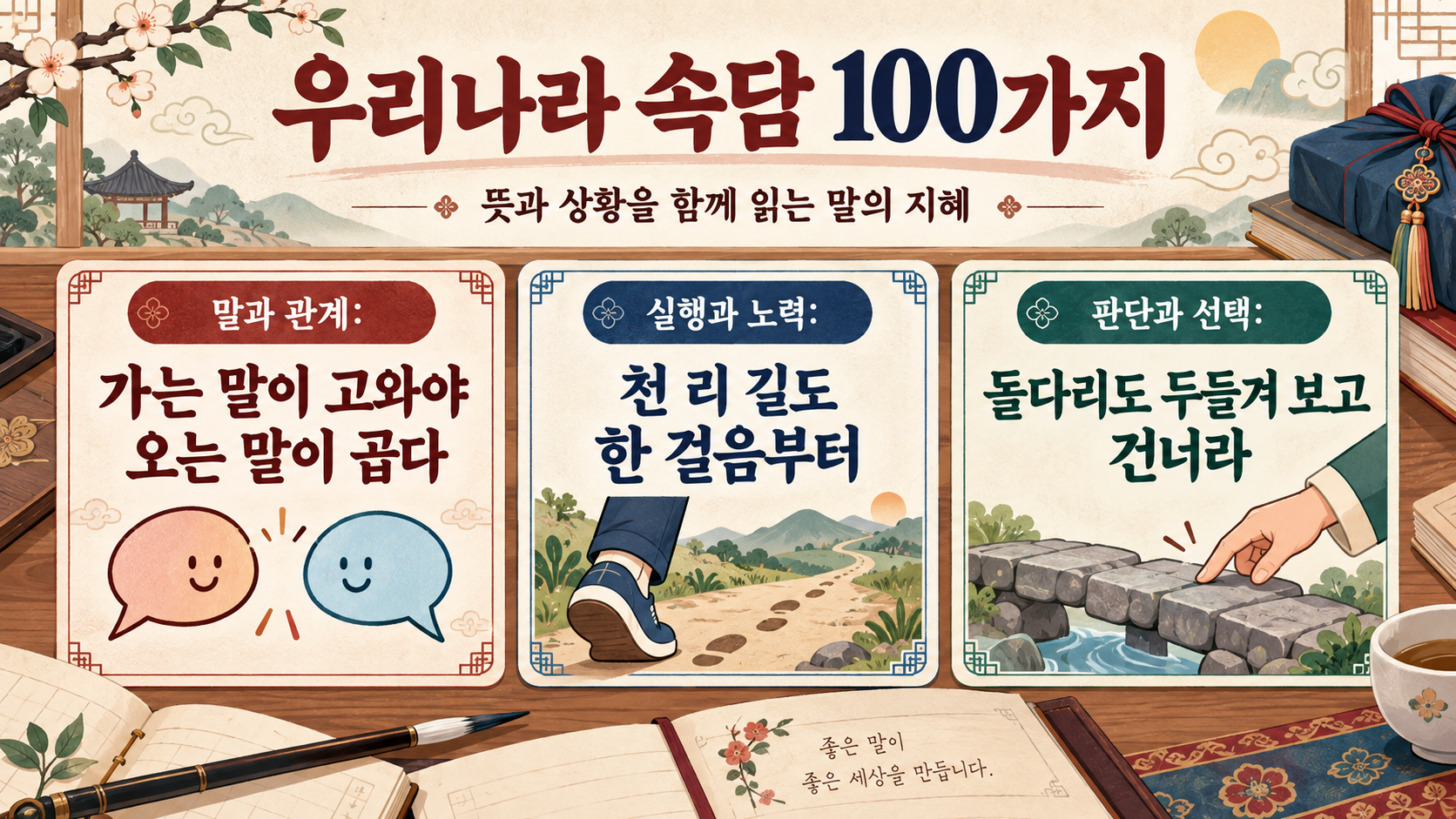 우리나라 속담 100가지를 주제별로 정리한 한국어 정보카드