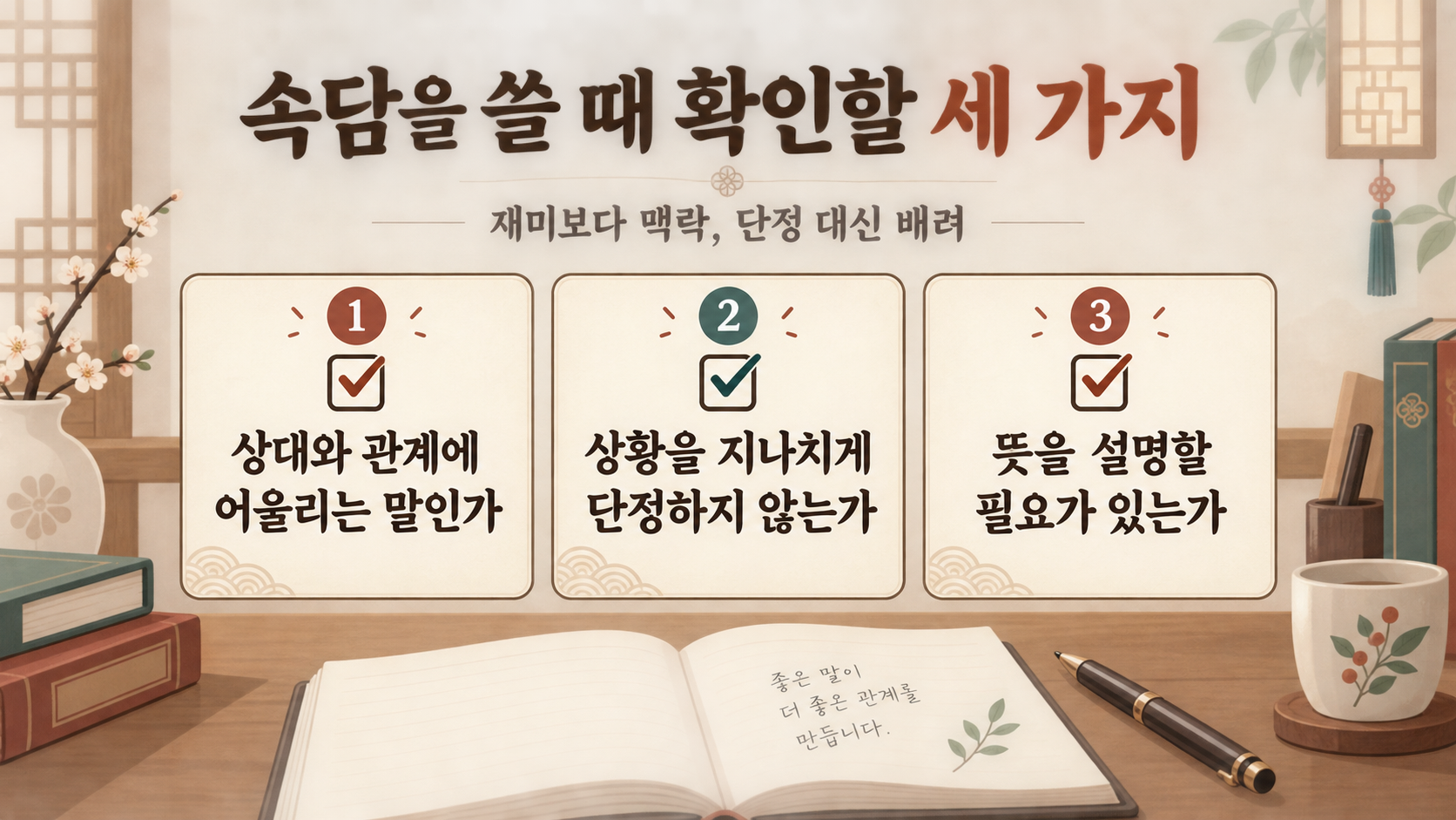 상황별 속담 선택 주의사항을 담은 한국어 정보카드