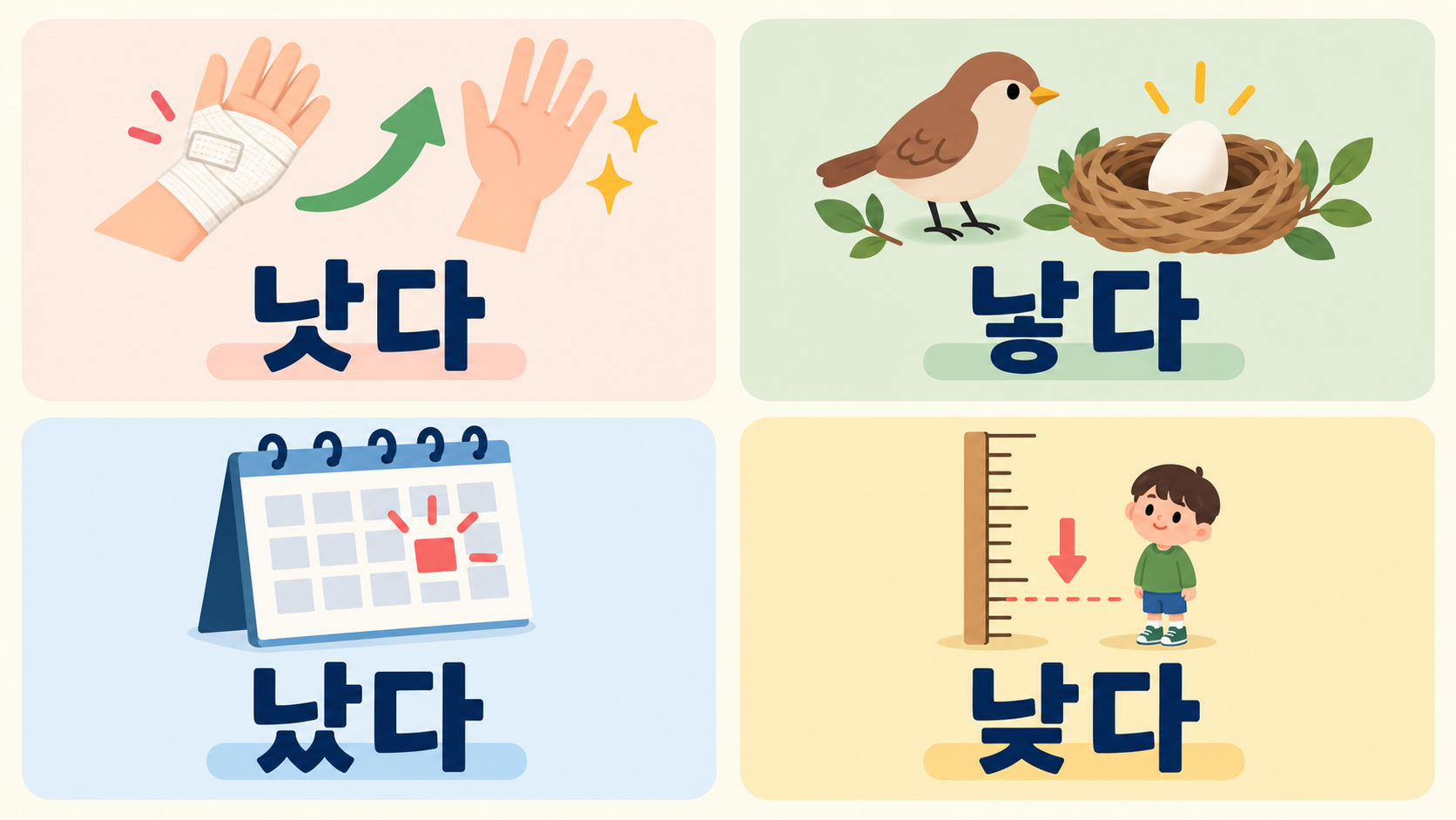 회복, 출산, 발생, 높낮이 장면으로 정리한 맞춤법 예시