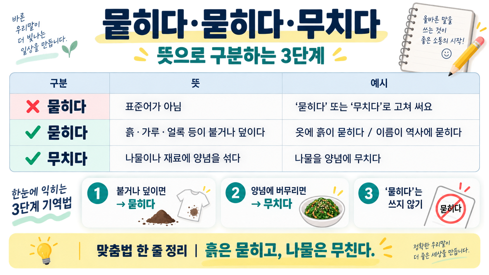 뭍히다, 묻히다, 무치다의 뜻을 비교하는 한국어 맞춤법 정보카드
