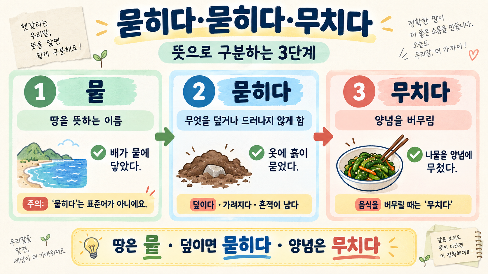 뭍, 묻히다, 무치다의 뜻을 세 단계로 비교한 맞춤법 정보카드