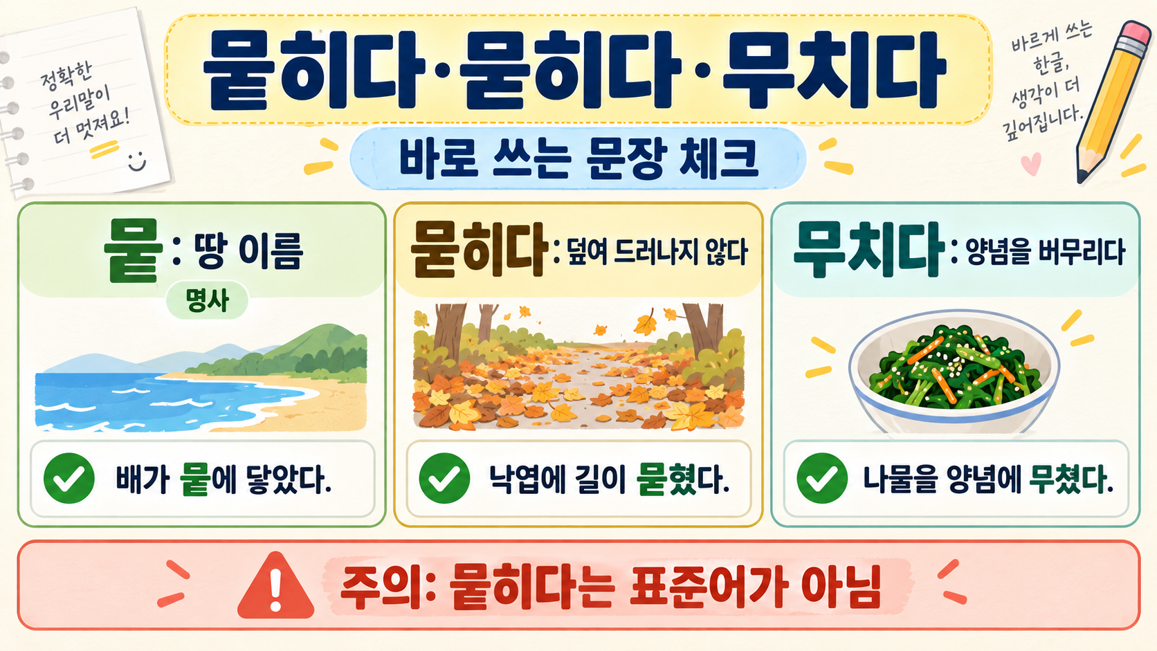 뭍, 묻히다, 무치다의 올바른 예문을 점검하는 한국어 맞춤법 카드