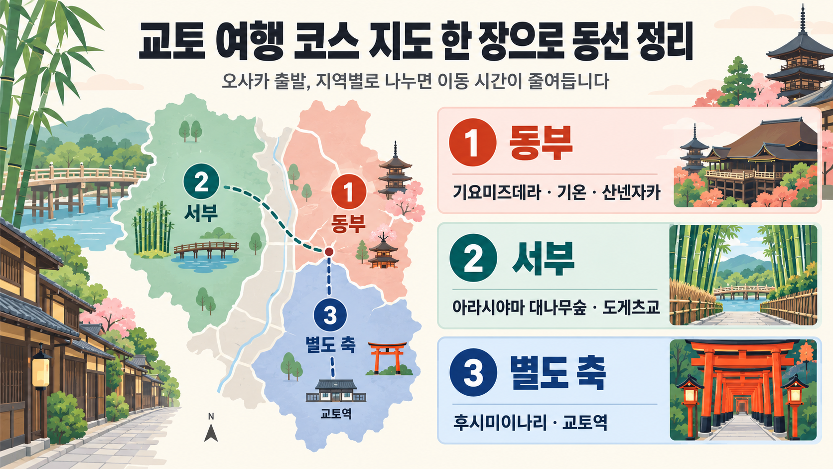 교토 여행 지역별 동선을 정리한 지도형 정보카드