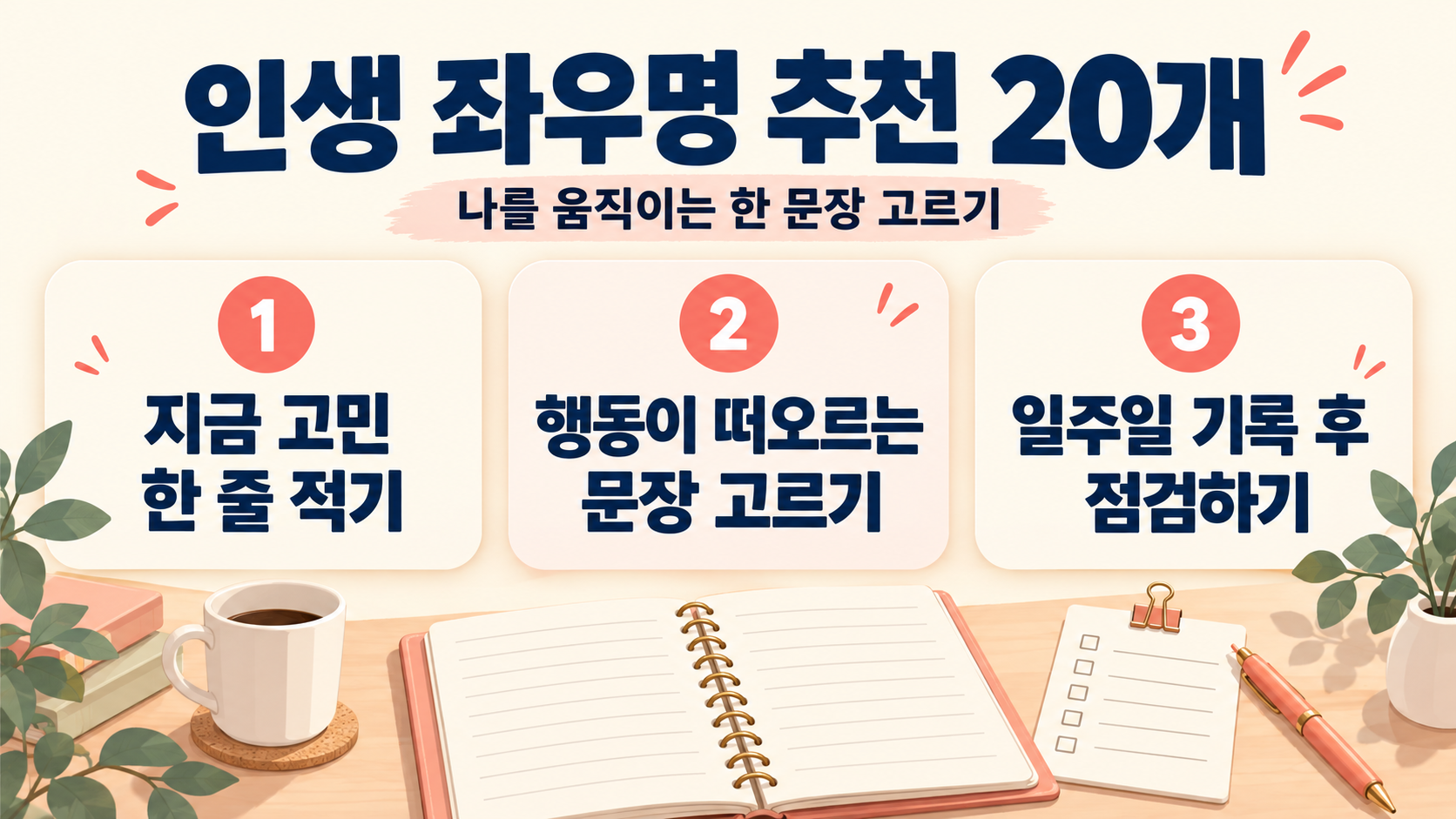 인생 좌우명 추천 20개를 정리한 정보 카드