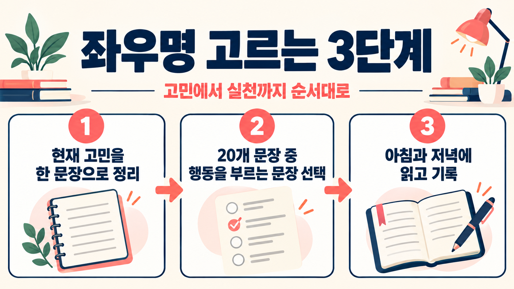 좌우명을 고르고 실천하는 순서를 보여주는 정보 카드