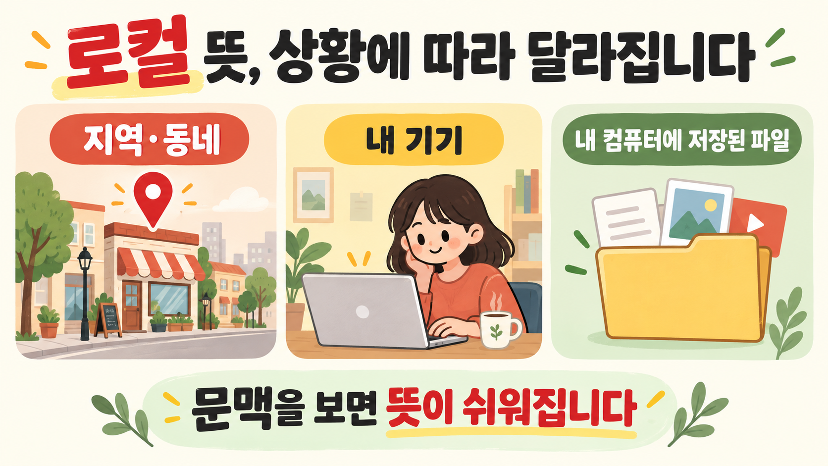 로컬이라는 말의 지역, 내 기기, 내 컴퓨터 파일 의미를 설명하는 정보카드