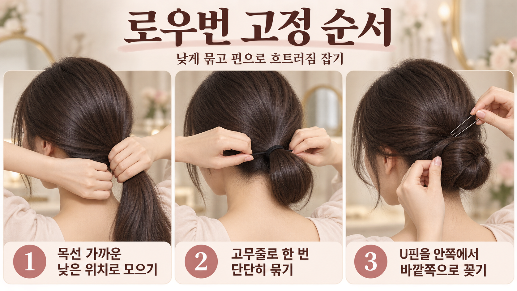 긴머리 로우번을 만드는 순서 정보 카드