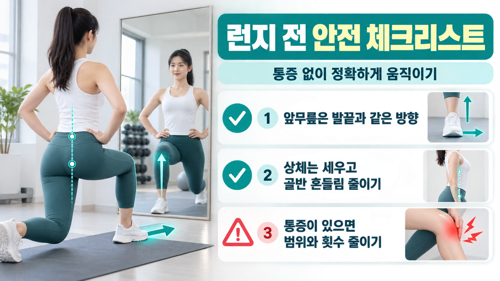런지 운동 전후 점검 항목을 담은 한국어 정보카드