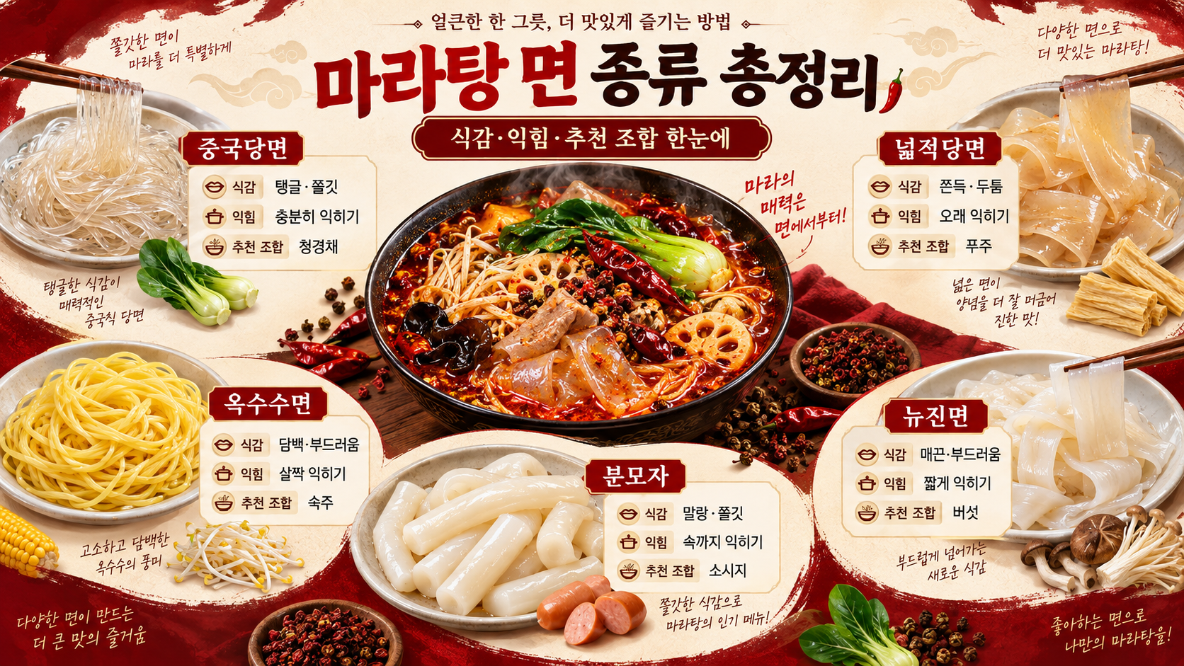 마라탕에 넣는 중국당면, 넓적당면, 옥수수면, 분모자, 뉴진면을 비교한 정보카드