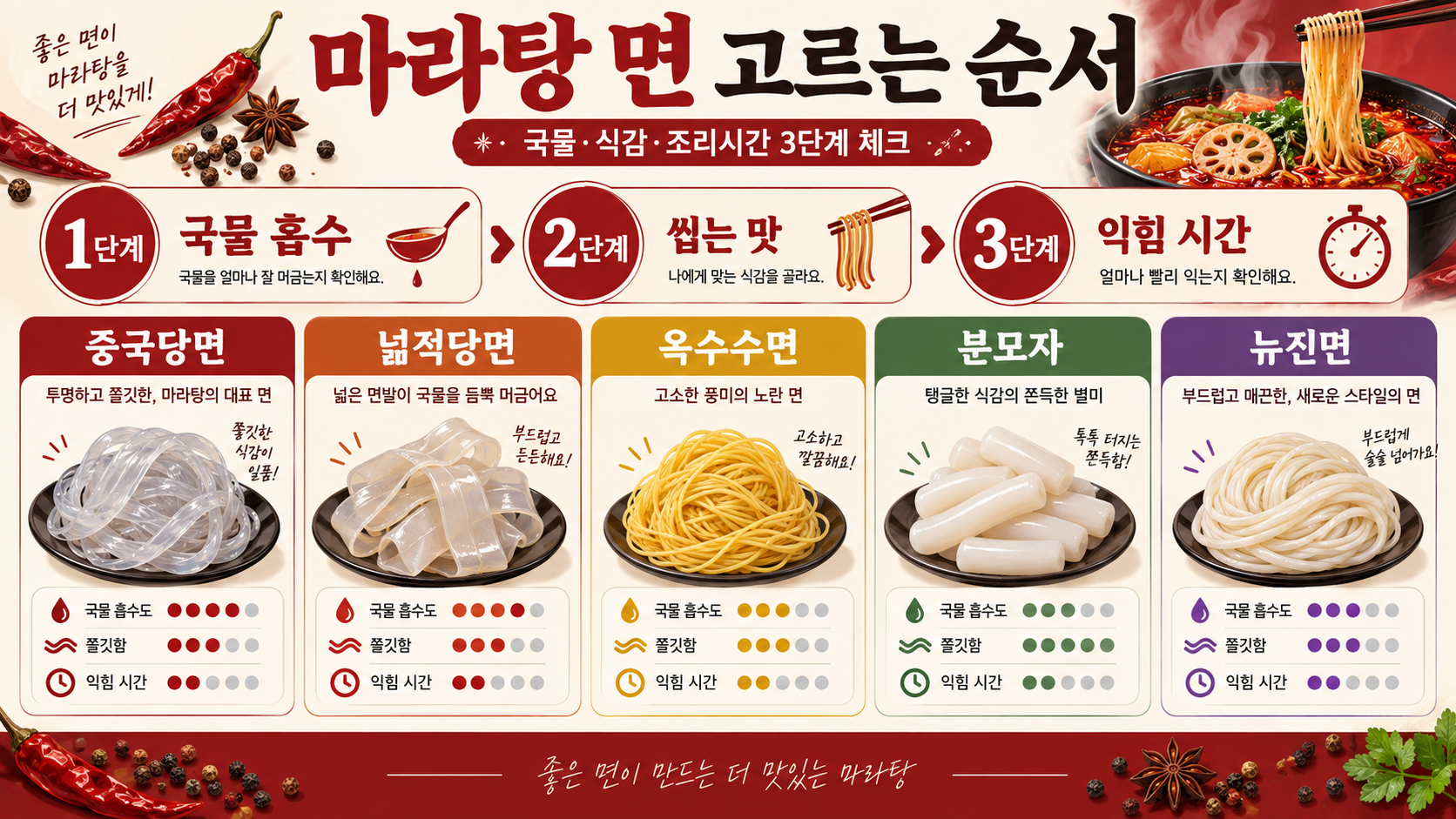 마라탕 면을 국물 흡수, 씹는 맛, 조리 시간 순서로 고르는 3단계 정보카드