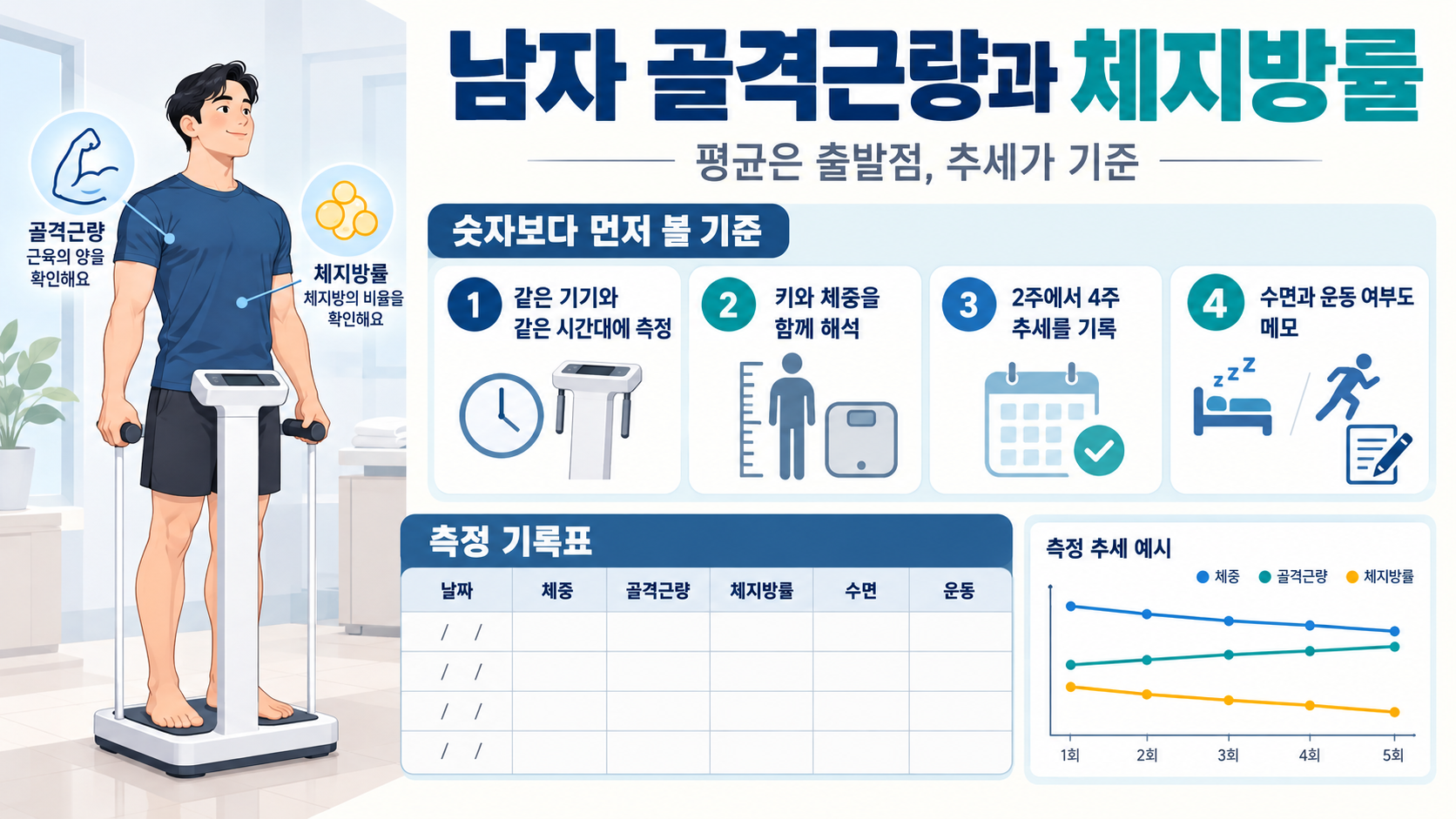 남자 평균 골격근량과 체지방률을 비교하는 정보카드